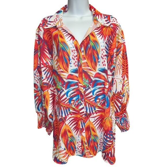 Ali Miles 2X Top Orange Blue Colorful Tropical Floral Collar Pullover Smock Cuff - Picture 1 of 5